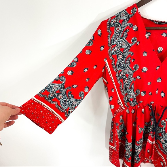 Zara Red Asymmetrical Floral/Paisley Print Top - Picture 4 of 7